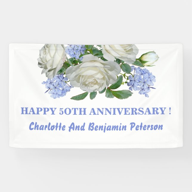 Elegant White And Blue Floral 50th Anniversary Banner (Horizontal)