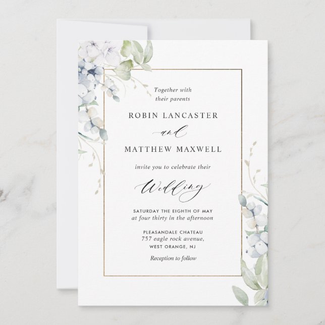 Elegant White and Blue Floral All in One Wedding Invitation (Front)