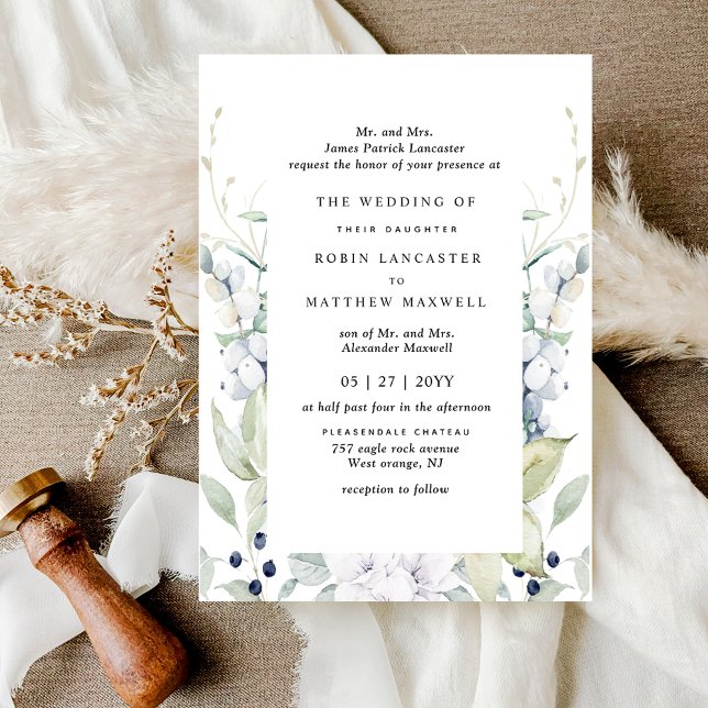 Elegant White and Blue Floral Formal Wedding Invitation (Creator Uploaded)