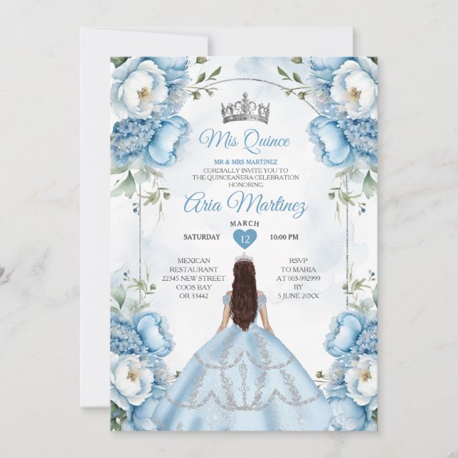 Elegant White And Blue Floral Princess Quiñceanera Invitation (Front)
