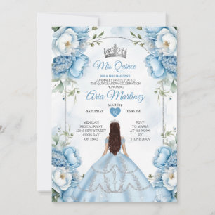 Elegant White And Blue Floral Princess Quiñceanera Invitation