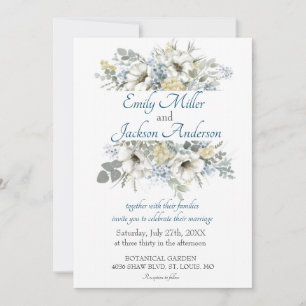 Elegant White and Blue Floral Watercolor Wedding Invitation