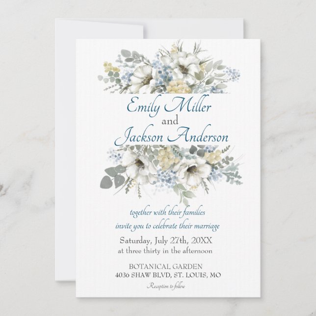 Elegant White and Blue Floral Watercolor Wedding Invitation (Front)