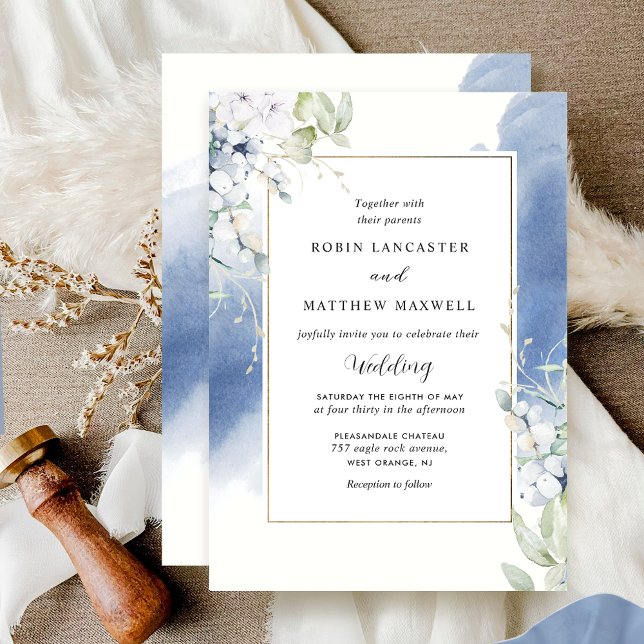 Elegant White and Blue Floral Watercolor Wedding Invitation (Creator Uploaded)