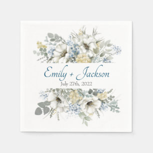 Elegant White and Blue Floral Watercolor Wedding Napkin