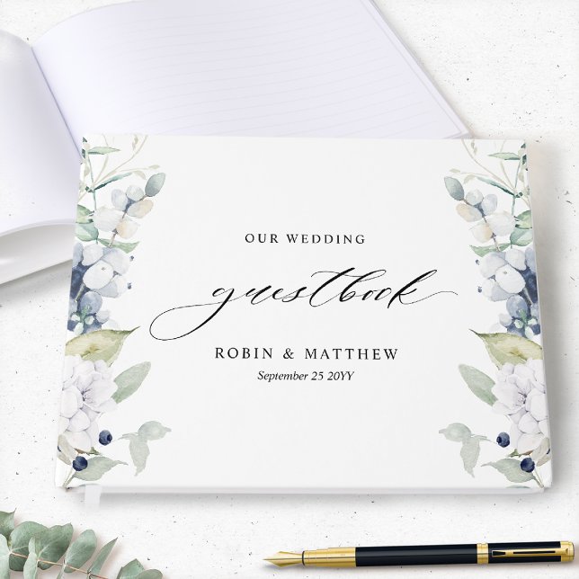 Elegant White and Blue Floral Wedding Guest Book (Creator Uploaded)