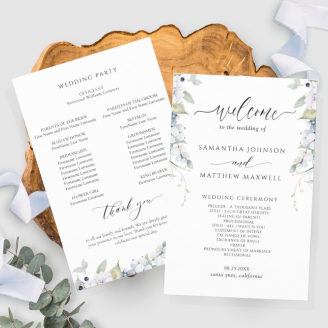 Elegant White and Blue Floral Wedding Program (Creator Uploaded)