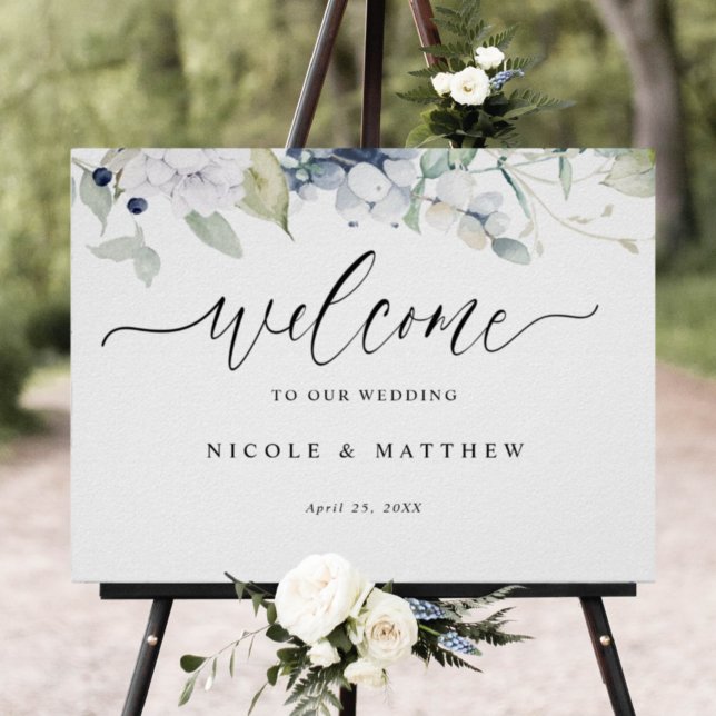 Elegant White and Blue Floral Wedding Welcome Sign (Creator Uploaded)