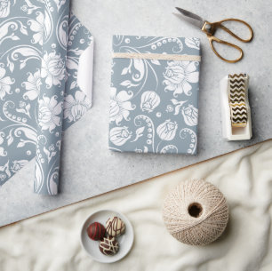 Elegant white and blue-grey floral damask pattern wrapping paper