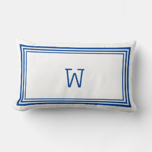 Elegant White and Blue Stripe Border Monogram Lumbar Cushion