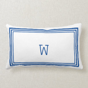Elegant White and Blue Stripe Border Monogram Lumbar Cushion