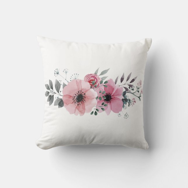 Elegant White and Blush Pink Watercolor  Floral Cushion (Front)
