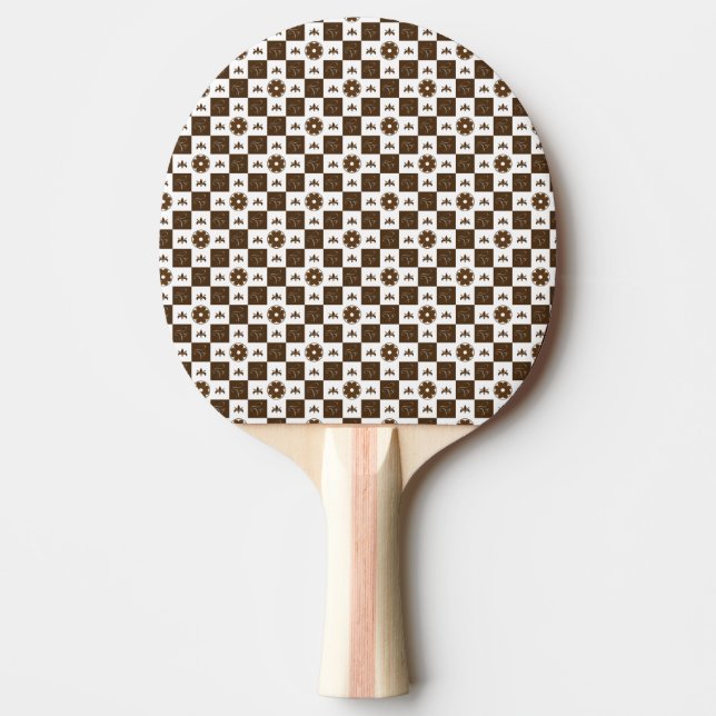 Elegant White and Brown Chequered Pattern Ping Pong Paddle (Front)