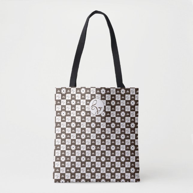 Elegant White and Brown Chequered Pattern Tote Bag (Front)