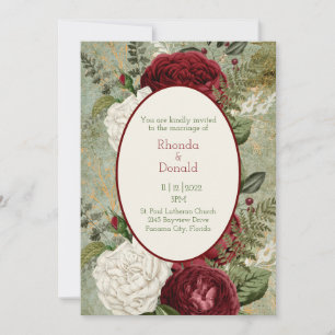 Elegant White and Dark Red Rose Wedding  Invitation