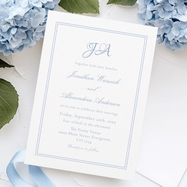 Elegant White and Dusty Blue Wedding Invitation (Creator Uploaded)