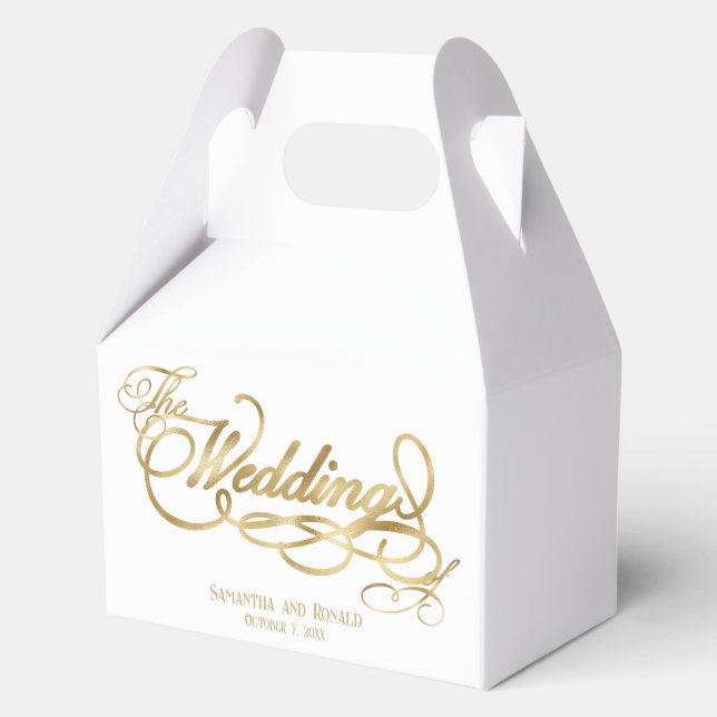 Elegant White and Faux Gold Calligraphy Wedding Favour Box (Front)