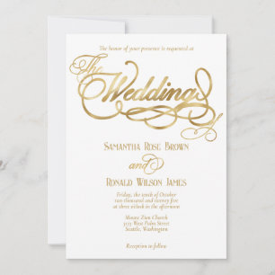 Elegant White and Faux Gold Calligraphy Wedding Invitation