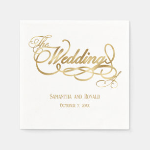 Elegant White and Faux Gold Calligraphy Wedding Napkin