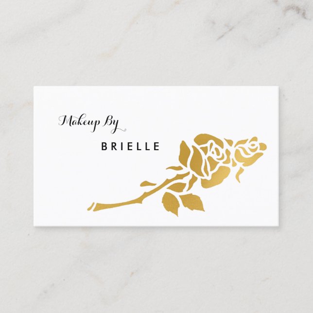 Elegant White and Faux Gold Rose Makeup Artist Business Card (Front)