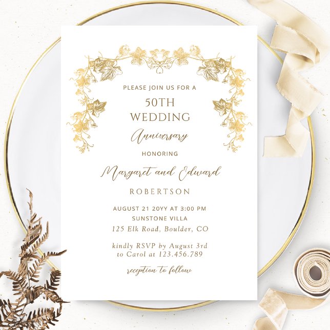 Elegant White and Gold 50th Wedding Anniversary Invitation (Creator Uploaded)