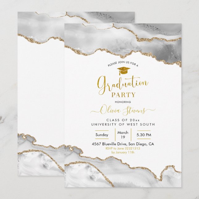 Elegant White and Gold Agate Graduation Party Invitation (Front/Back)