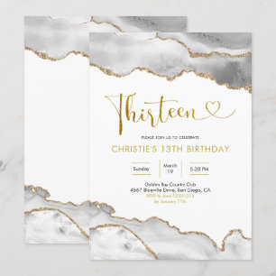 Elegant White and Gold Agate Thirteen Birthday Inv Invitation