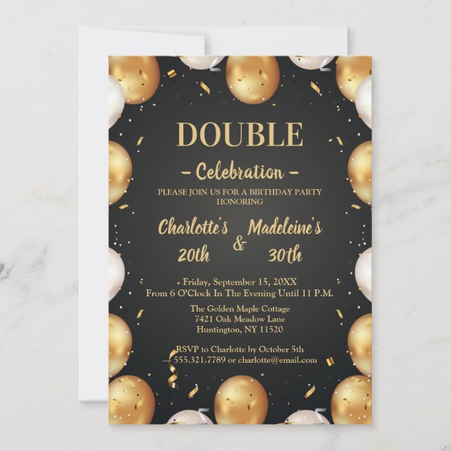 Elegant White and Gold Balloons  Joint Birthday Invitation (Front)