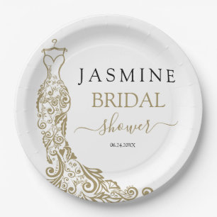 Elegant White and Gold Blush Gown Bridal Shower Paper Plate