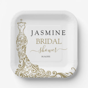 Elegant White and Gold Blush Gown Bridal Shower Paper Plate