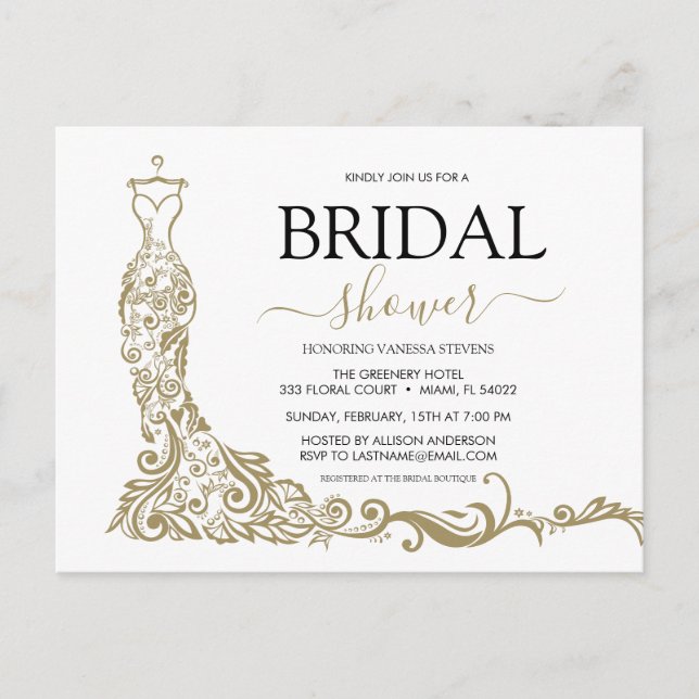 Elegant White and Gold Blush Gown Bridal Shower Postcard (Front)
