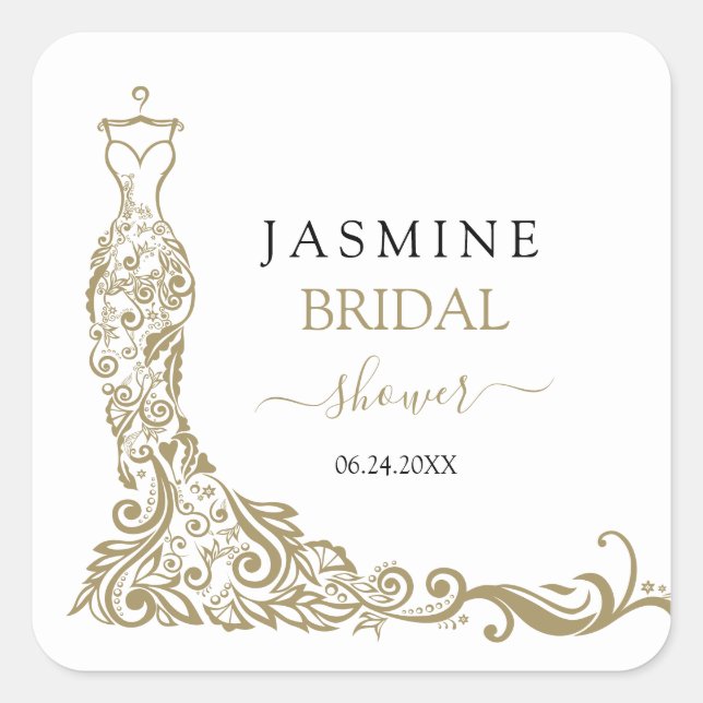 Elegant White and Gold Blush Gown Bridal Shower Square Sticker (Front)