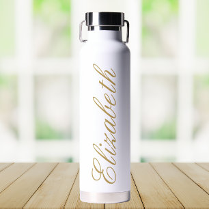 Elegant White and Gold Custom Script Name Water Bottle