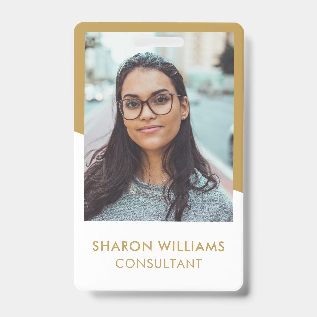 Elegant White and Gold Employee Photo Company Logo ID Badge (Front)