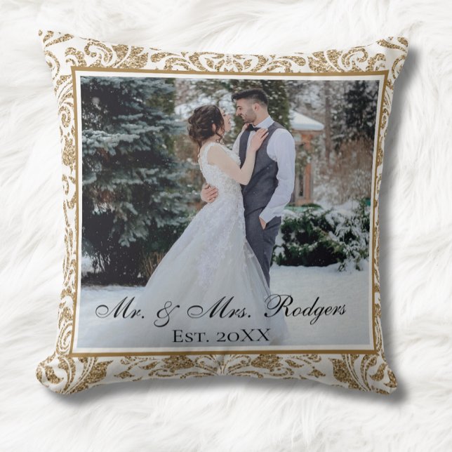 Elegant White and Gold Faux Glitter Photo Wedding  Cushion (Creator Uploaded)