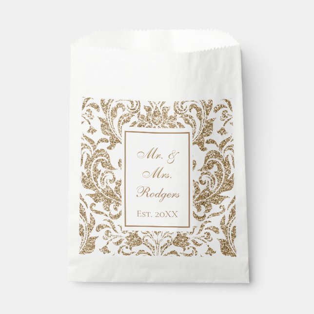 Elegant White and Gold Faux Glitter Wedding Favour Bags (Front)
