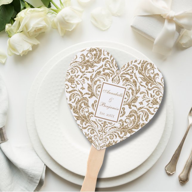 Elegant White and Gold Faux Glitter Wedding Hand Fan (Creator Uploaded)