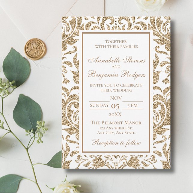Elegant White and Gold Faux Glitter Wedding Invitation (Creator Uploaded)