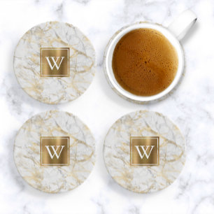 Elegant White and Gold Faux Marble Monogram Coaster