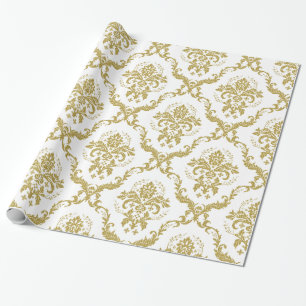 Elegant White And Gold Floral Damasks Pattern Wrapping Paper