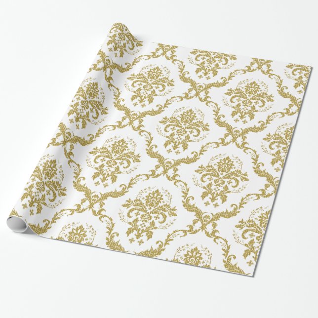 Elegant White And Gold Floral Damasks Pattern Wrapping Paper (Unrolled)