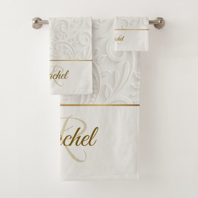 Elegant White and Gold Floral Name Monogram Bath Towel Set (Insitu)
