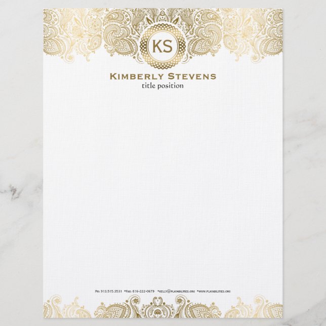 Elegant White And Gold Floral Paisley 2 Letterhead Design (Front)