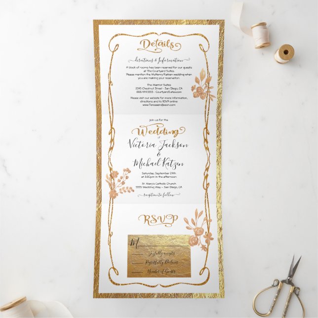 Elegant white and gold Floral Wedding Tri-Fol Tri- Tri-Fold Invitation (Inside)
