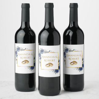 Elegant White and Gold Floral Wedding Wine Bottle  Label