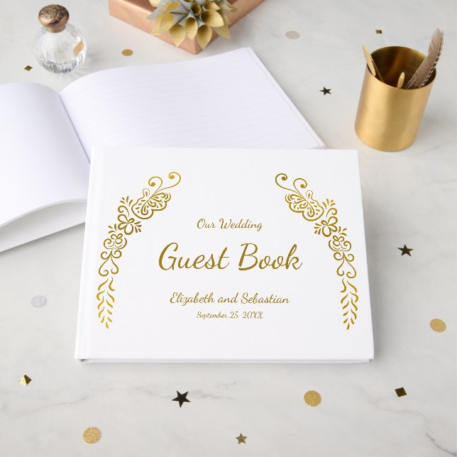 Elegant White and Gold Flourish Photo Wedding Guest Book (Front Open)