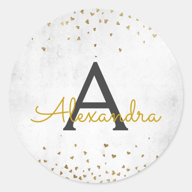 Elegant White and Gold Foil Confetti Monogram Classic Round Sticker (Front)