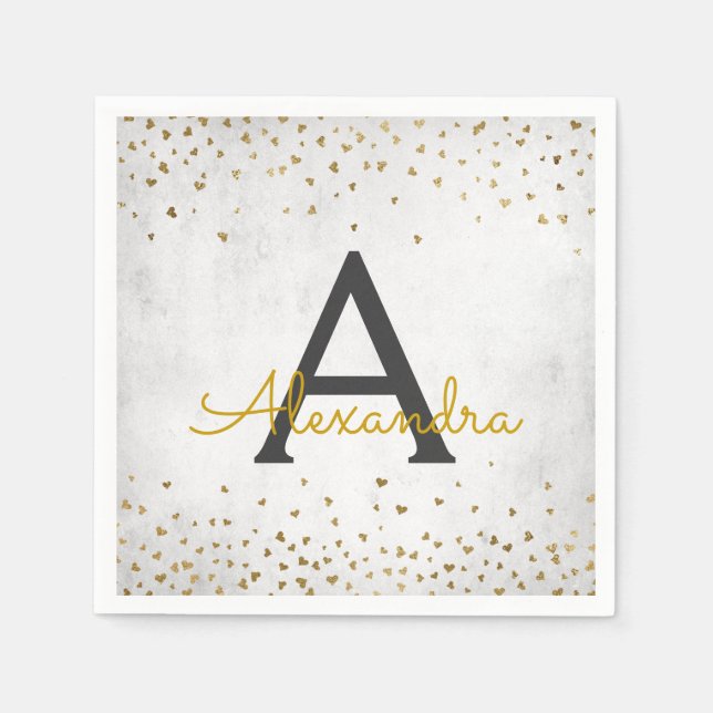Elegant White and Gold Foil Confetti Monogram Napkin (Front)