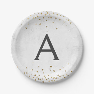 Elegant White and Gold Foil Confetti Monogram Paper Plate