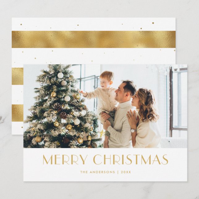 Elegant White and Gold Foil Photo Christmas Cards (Front/Back)